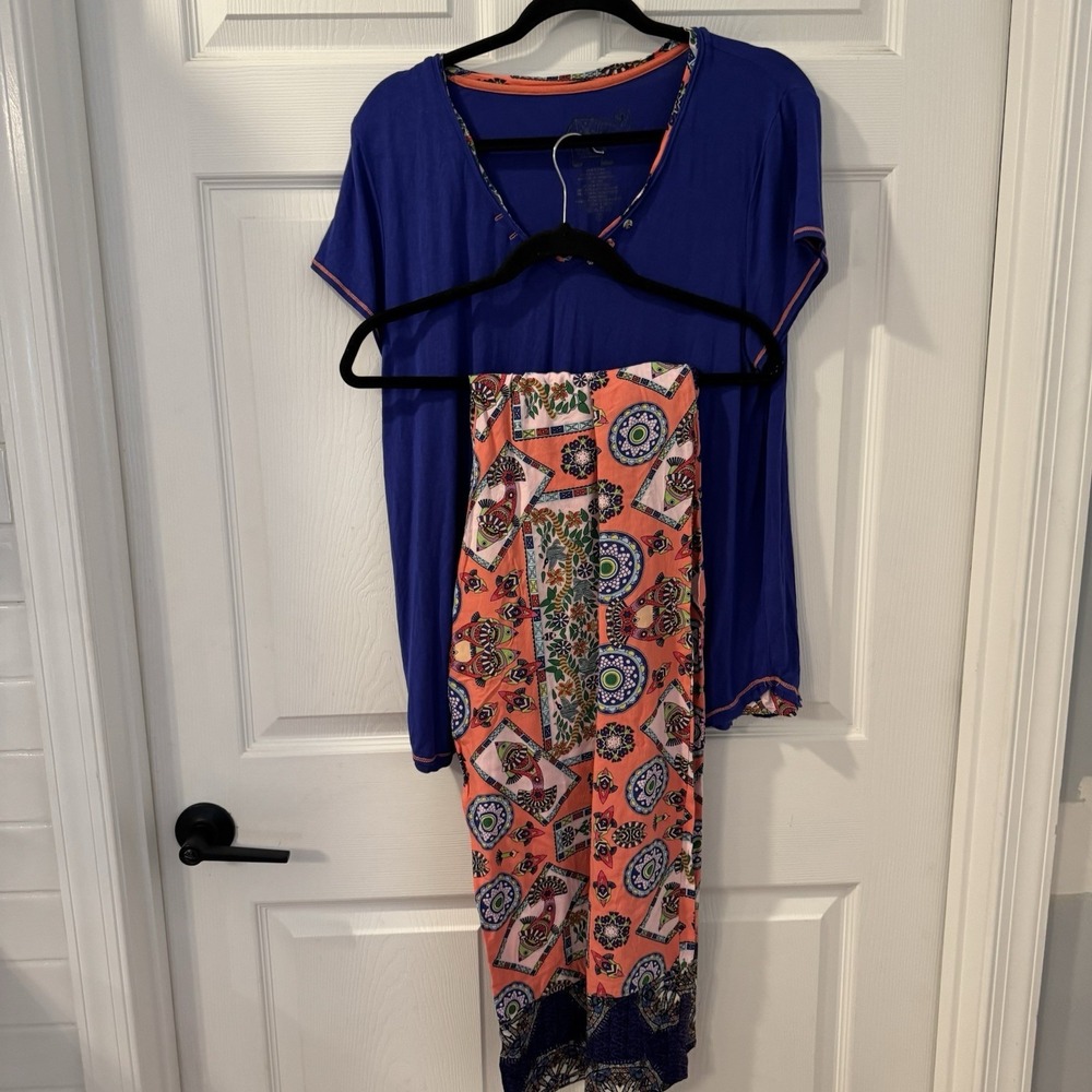 BOLLYDOLL Women's Sz XL‎ Colorful Lace Trim Elephant PJ Set Blue Orange